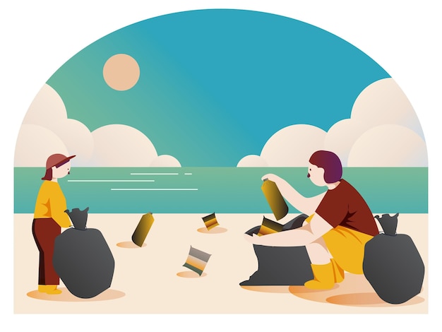 Fondo de ilustración de vector plano de gente limpiando la playa recogiendo basura