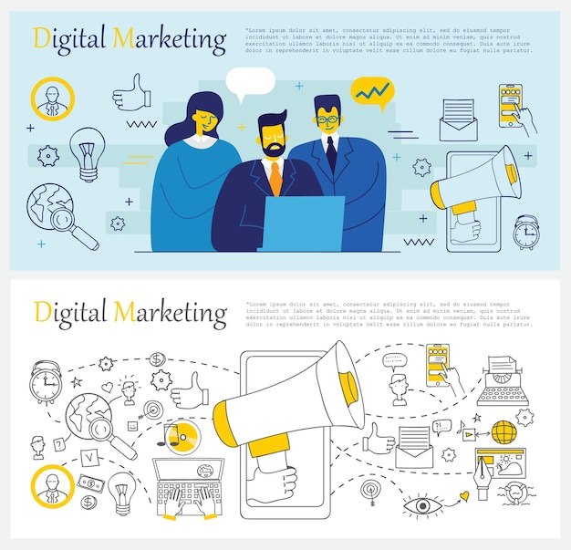 Fondo de ilustración vectorial dibujado a mano de marketing digital con elementos de garabatos