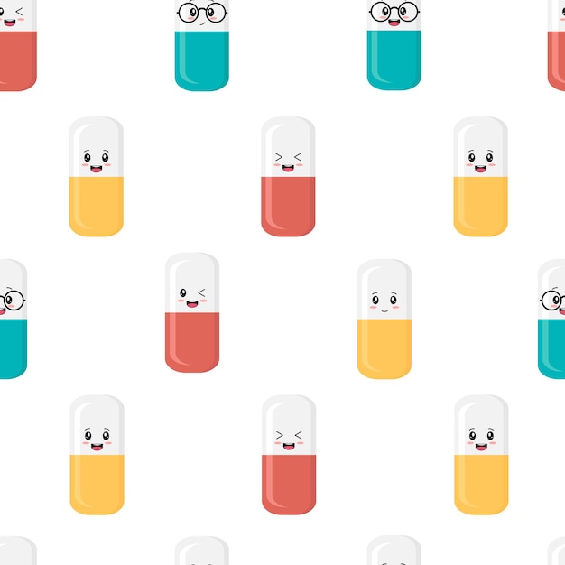 Fondo de imagen médica sin fisuras con píldoras medicinas estilo kawaii con caras sonrientes