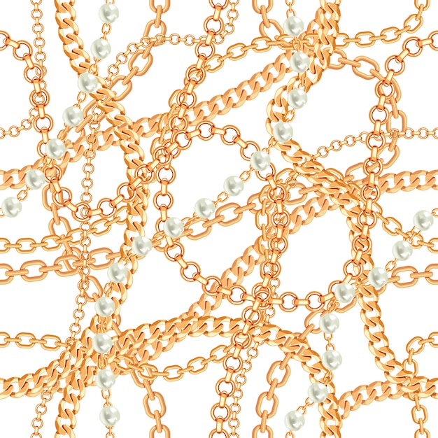 Fondo inconsútil del modelo con el collar metálico de oro de las peras y de las cadenas. En blanco Ilustracion vectorial