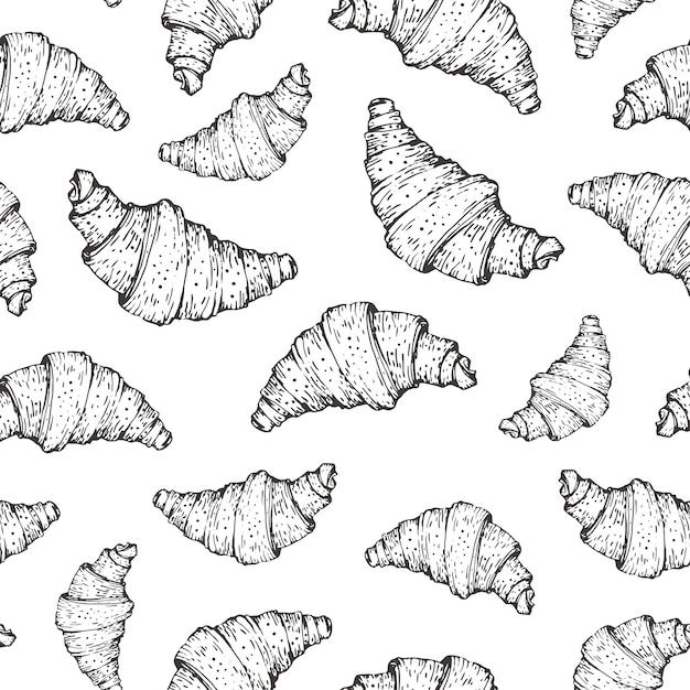Fondo inconsútil de la naturaleza con el croissant. Alimentos ecológicos frescos. Croissant patrón de la vendimia.