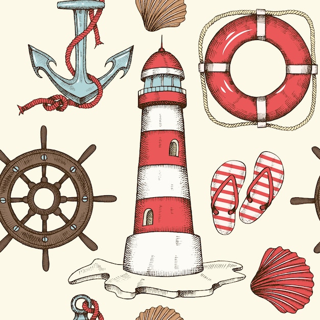 Fondo inconsútil náutico del verano del vintage con la rueda dibujada mano