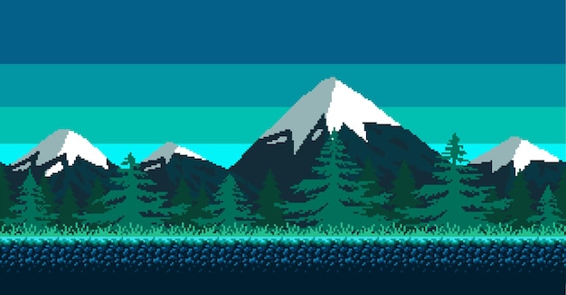 Fondo inconsútil de pixel art con montañas hierba y nubes un paisaje para un juego o programa