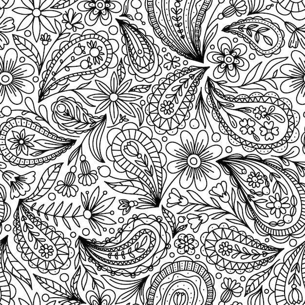 FONDO INCONSÚTIL DE VECTOR BLANCO CON PATRÓN DE CONTORNO DE PAISLEY NEGRO