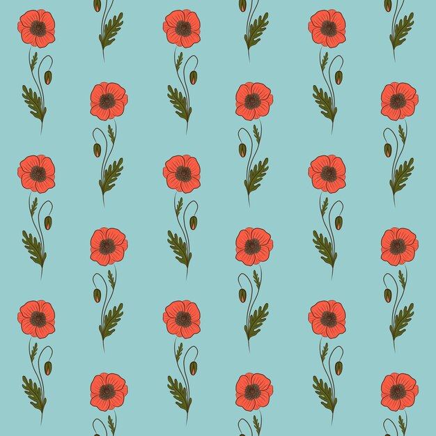 FONDO INCONSÚTIL DE VECTOR DE MENTA CON FLORES SILVESTRES DE AMAPOLA ROJA