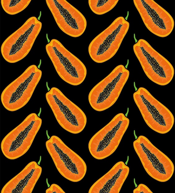 FONDO INCONSÚTIL DE VECTOR NEGRO CON RODAJAS DE PAPAYA NARANJA BRILLANTE EN ESTILO POP ART