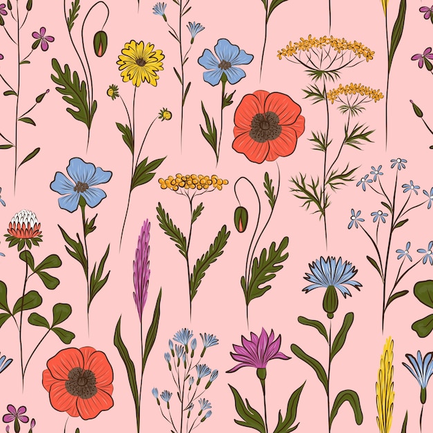 Fondo inconsútil de vector rosa con flores silvestres multicolor