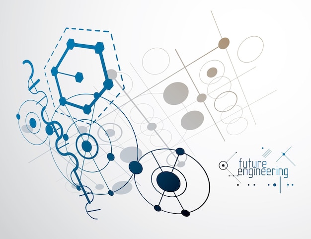 Vector fondo industrial y de ingeniería vectorial, plan técnico futuro. modelo abstracto del mecanismo, esquema mecánico.