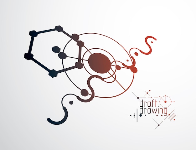 Fondo industrial y de ingeniería vectorial, plan técnico futuro. Modelo abstracto del mecanismo, ilustración gráfica.