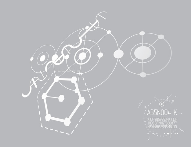 Fondo industrial y de ingeniería vectorial, plan técnico futuro. Modelo abstracto del mecanismo, ilustración gráfica.