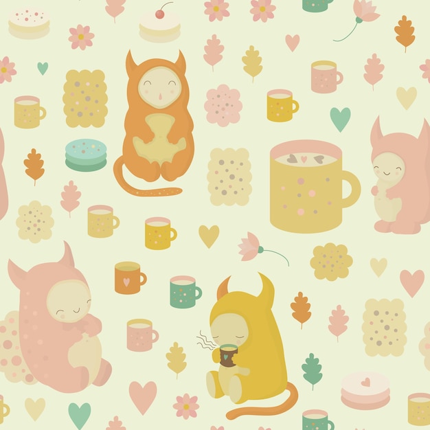 Vector un fondo infantil y soñador con monstruos lindos, tazas de té, galletas, pasteles, cacao y flores.