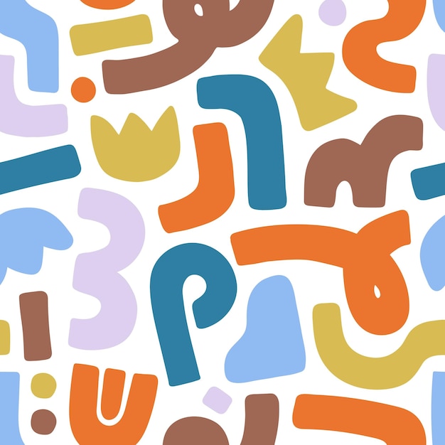 Fondo interminable con garabates abstractos Patrón repetitivo de formas geométricas garabateos creativos coloridos elementos torcidos y figuras diferentes líneas curvas Ilustración vectorial sin costuras plana