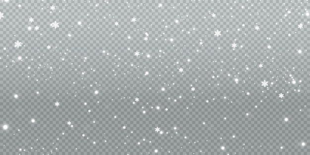 Fondo de invierno abstracto de copos de nieve soplados por el viento sobre un fondo blanco transparente