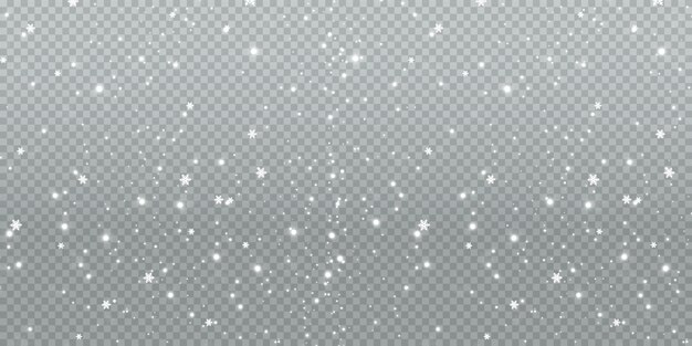 Fondo de invierno abstracto de copos de nieve soplados por el viento sobre un fondo blanco transparente