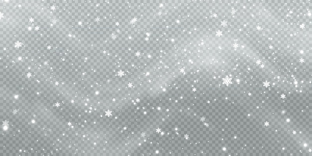 Fondo de invierno abstracto de copos de nieve soplados por el viento sobre un fondo blanco transparente
