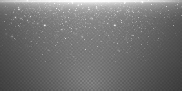 Fondo de invierno abstracto de copos de nieve soplados por el viento sobre un fondo blanco transparente.