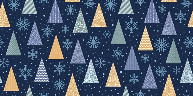 Fondo de invierno Árboles de Navidad y copos de nieve patrón sin costuras