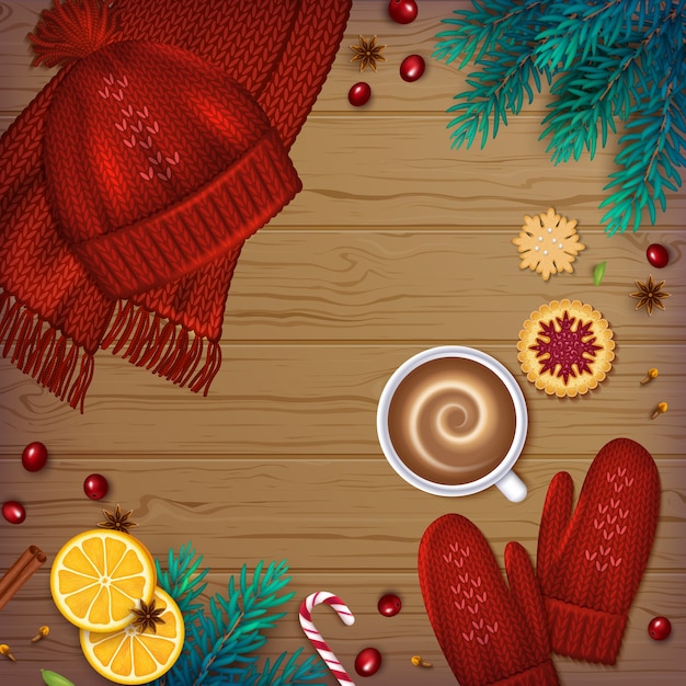 Fondo de invierno Elementos navideños ramas de abeto, gorro de punto, guantes, taza de café, galletas