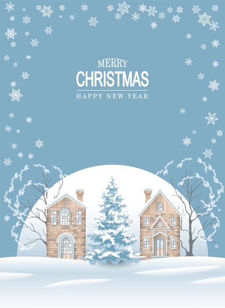 Fondo de invierno festivo de dibujos animados con casas y un árbol de Navidad