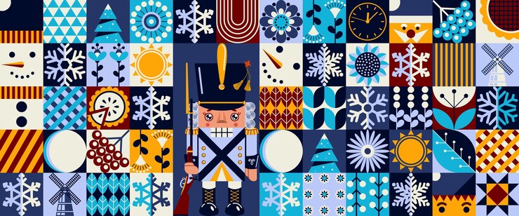 Fondo de invierno geométrico abstracto con rompe nueces Una gran colección de vacaciones de Navidad