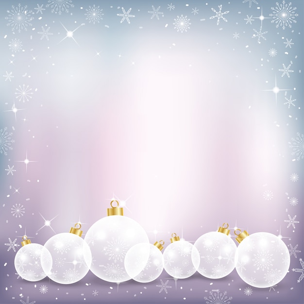 Fondo de invierno con hermosas diversas bolas de Navidad y copos de nieve,