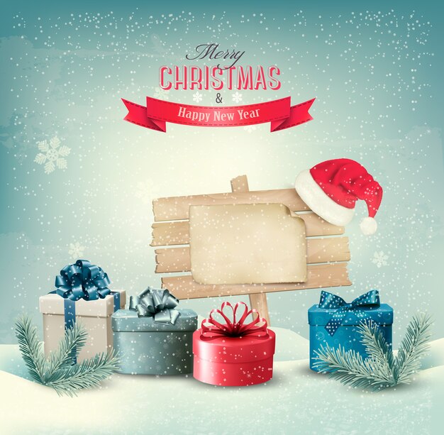 Fondo de invierno de Navidad con regalos y tablero de madera.