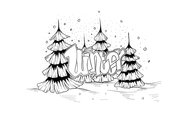 Fondo de invierno con nieve y abetos Ilustración dibujada a mano