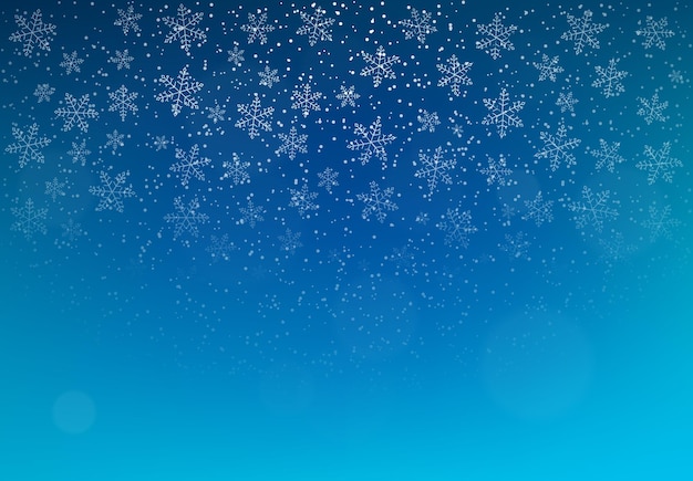 Fondo de invierno con nieve cayendo y copos de nieve. Feliz navidad y próspero año nuevo fondo. Ilustración vectorial.