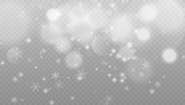 Fondo de invierno con nieve en transparentes copos de nieve que caen copos de Nieve de Navidad en un transparente