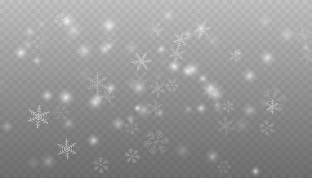 Fondo de invierno con nieve en transparentes copos de nieve que caen copos de Nieve de Navidad en un transparente