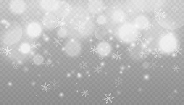 Fondo de invierno con nieve en transparentes copos de nieve que caen copos de Nieve de Navidad en un transparente