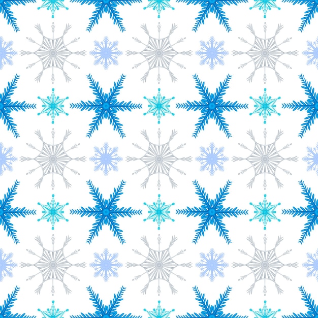 Fondo de invierno de patrones sin fisuras con copos de nieve multicolores dibujados a mano con nieve degradada
