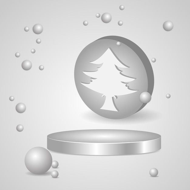 Fondo de invierno de podio de círculo gris 3d. árbol y copos de nieve. adecuado para la promoción de fondo
