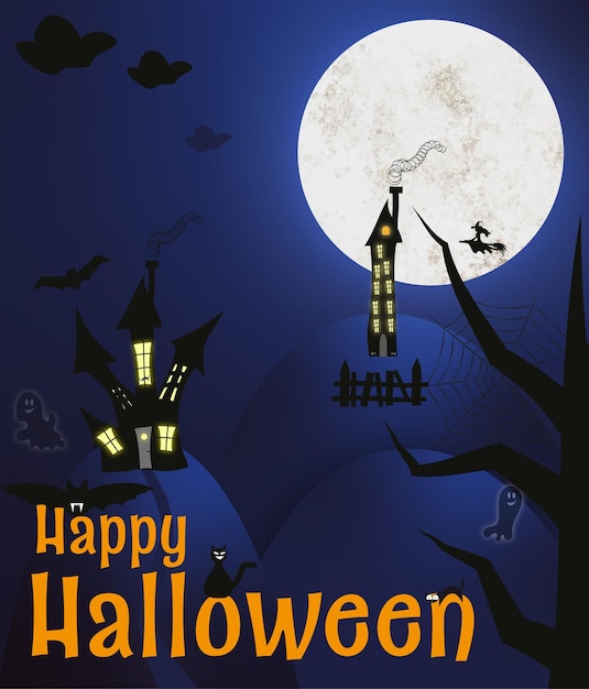 Fondo de invitación de fiesta de ilustración de Halloween feliz con nubes nocturnas y calabaza, oscuro
