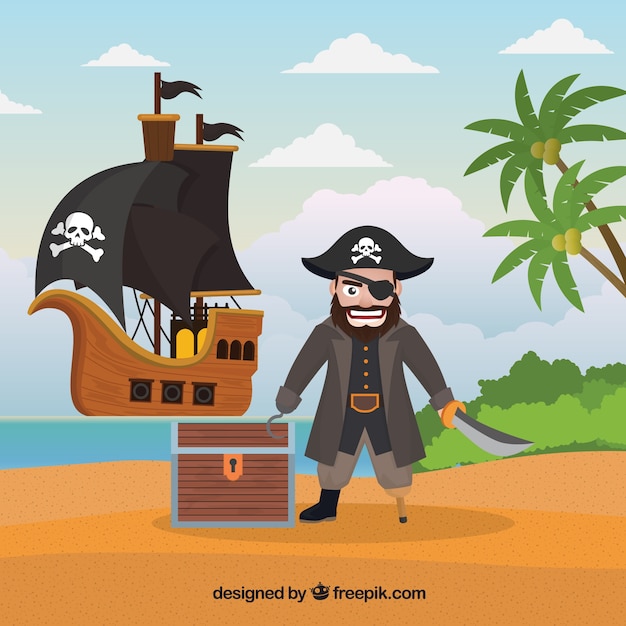 Fondo de isla con pirata y tesoro