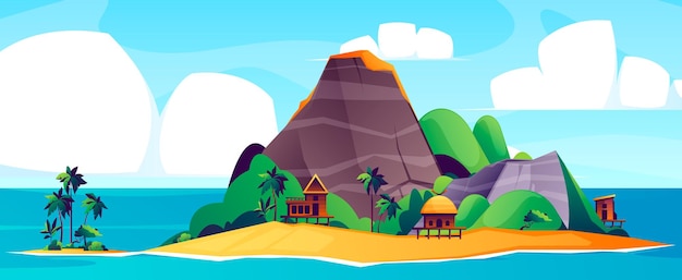 Fondo de isla tropical Paisaje de playa de mar con arena montaña palmeras costa panorama estilo de dibujos animados concepto de vacaciones de verano Ilustración vectorial