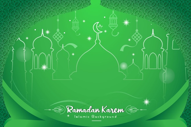 Fondo islámico de celebración especial de ramadán kareem con ilustración de ketupat y mezquita en verde