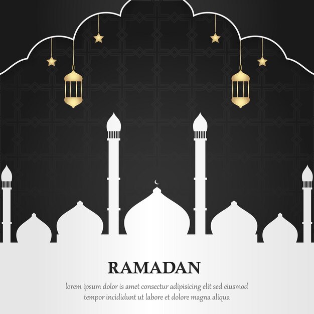 Fondo islámico con diseños ilustrativos de mezquitas, linternas, luna y estrellas, diseño de textura negra para conmemorar el día de la celebración del Ramadán Kareem, plantilla de fondo moderna