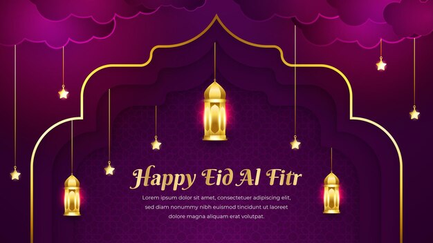 Fondo islámico eid al fitr de lujo dorado y morado con patrón de adorno decorativo Vector Premium