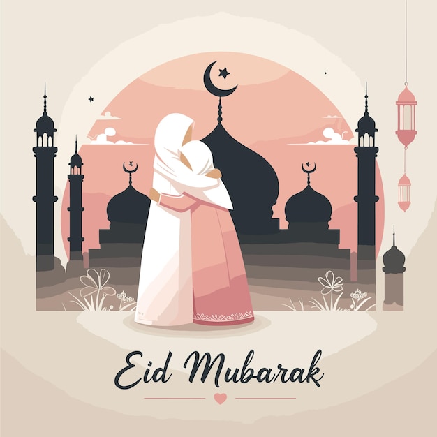 Vector fondo islámico de eid mubarak con gente y mezquita generada ai