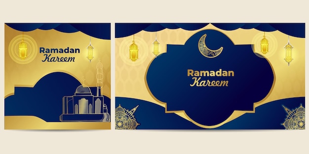 Fondo islámico de oro azul para momentos Eid Vector Premium