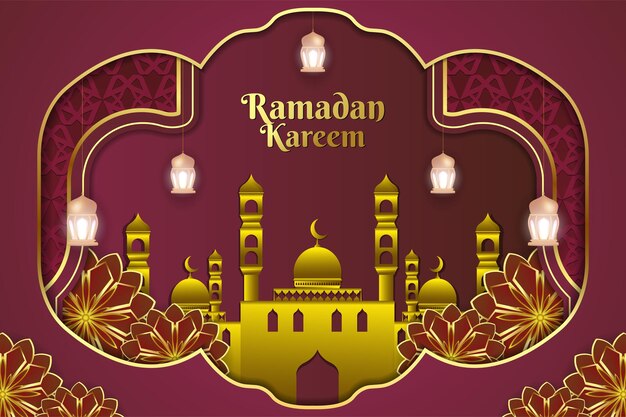 Fondo islámico Ramadan Kareem color rojo y dorado con hermosa mezquita