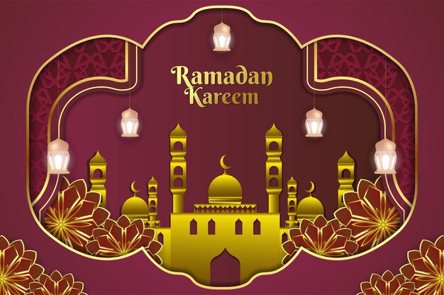 Fondo islámico Ramadan Kareem color rojo y dorado con hermosa mezquita