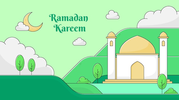 Fondo islámico Ramadan Kareem con diseño de paisaje dibujado a mano