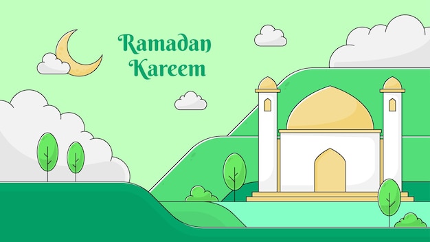 Fondo islámico ramadan kareem con diseño de paisaje dibujado a mano