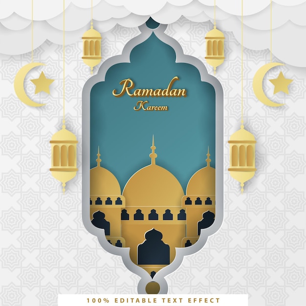 Fondo islámico de ramadan kareem con estilo de corte de papel dorado tosca blanco