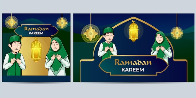 Fondo islámico de Ramadan Kareem con ilustración de personas adecuada para la marca Vector Premium