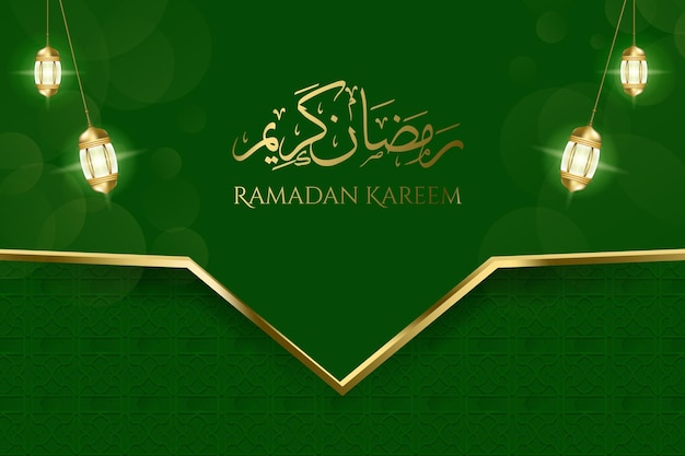 Fondo islámico de ramadan kareem con linterna dorada realista sobre fondo de patrón