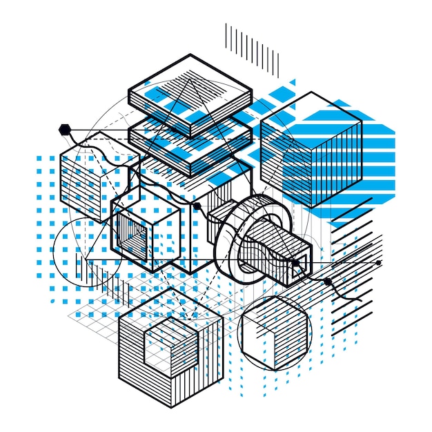 Fondo isométrico abstracto, diseño vectorial 3d. composición de cubos, hexágonos, cuadrados, rectángulos y diferentes elementos abstractos.