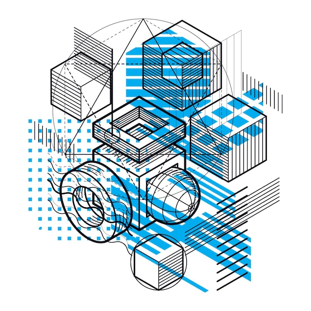 Fondo isométrico abstracto, diseño vectorial 3d. Composición de cubos, hexágonos, cuadrados, rectángulos y diferentes elementos abstractos.